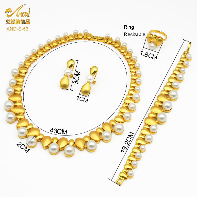 Renevo Supply Dubai Bridal Wedding Zircon Pearl Necklace Ring Earring Bracelet Four-Piece Set Ladies' Banquet Jewelry Set