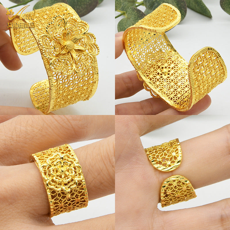 Renevo Hot Sale 24K Gold Plated Dubai Bridal Bracelet Ring Nigeria Women Alluvial Gold Bracelet Ring Ornament