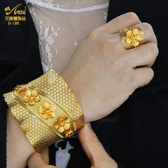 Renevo Middle East Dubai Ornament 24K Gold-Plated Flowers Big Bracelet Ring Jewelry Suit Wedding Bride Ethnic Style Bracelet