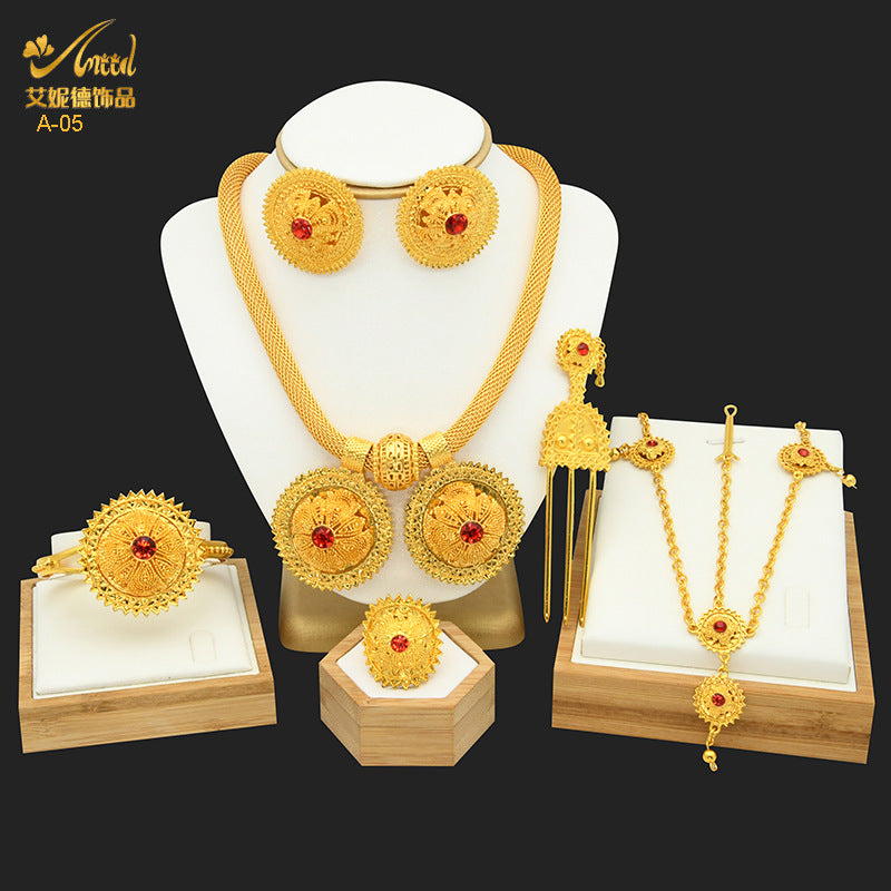 Renevo Vietnam Placer Gold Plated Alloy Jewelery Suit African Bride Ornament Ethiopia Women's Six-Piece Set