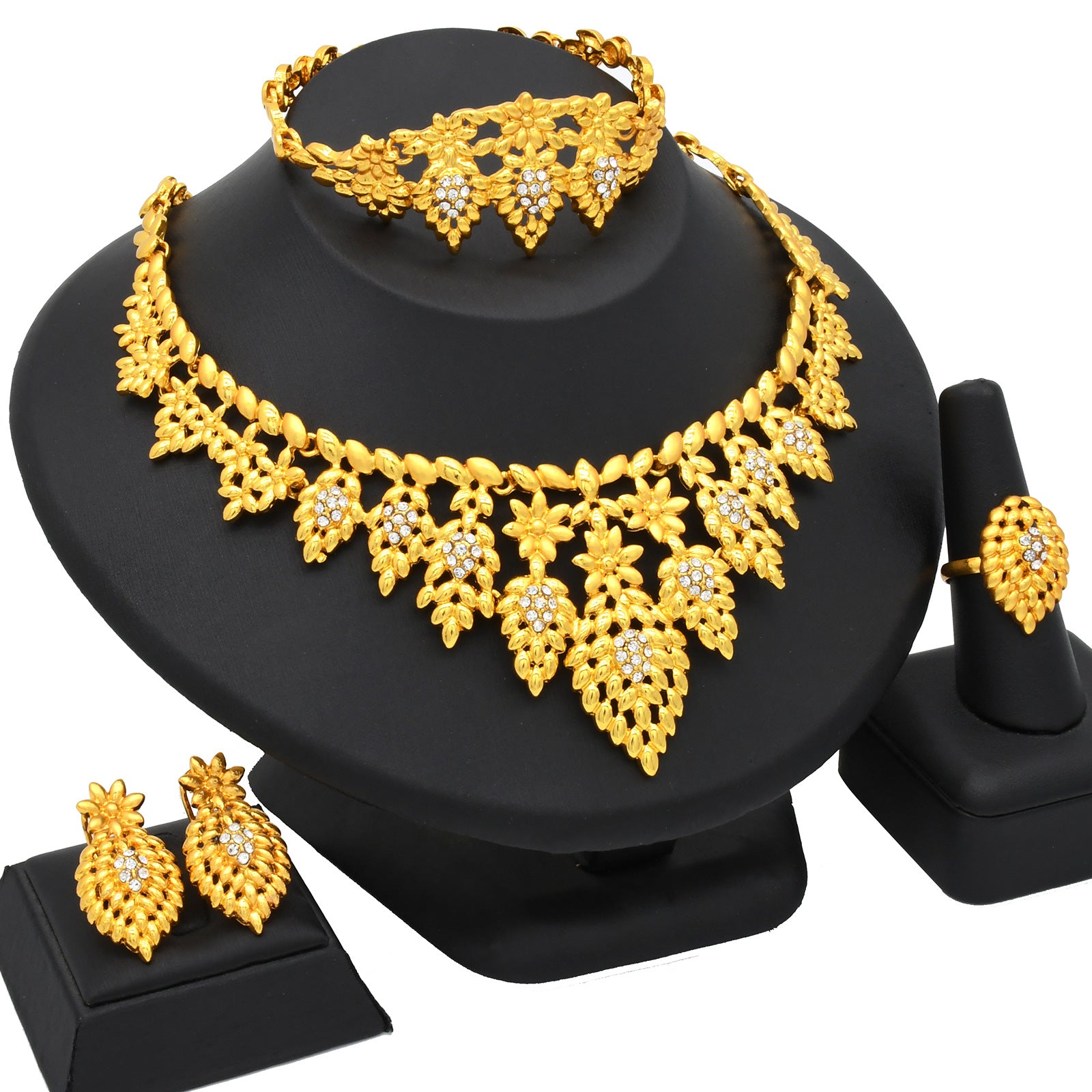 Renevo Middle East Supply Gold-Plated Diamond Bridal Ornament Four-Piece Set Necklace Earrings Bracelet Ring Jewelry Suit