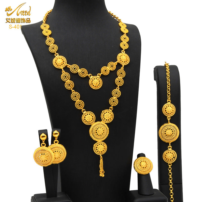 Renevo Gold Plated Pendant Jewelry Suit Bride Wedding Jewelry Alluvial Gold Long Necklace Bracelet Ring Earrings Hot Selling Product