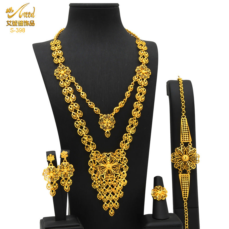 Renevo Gold Plated Pendant Jewelry Suit Bride Wedding Jewelry Alluvial Gold Long Necklace Bracelet Ring Earrings Hot Selling Product