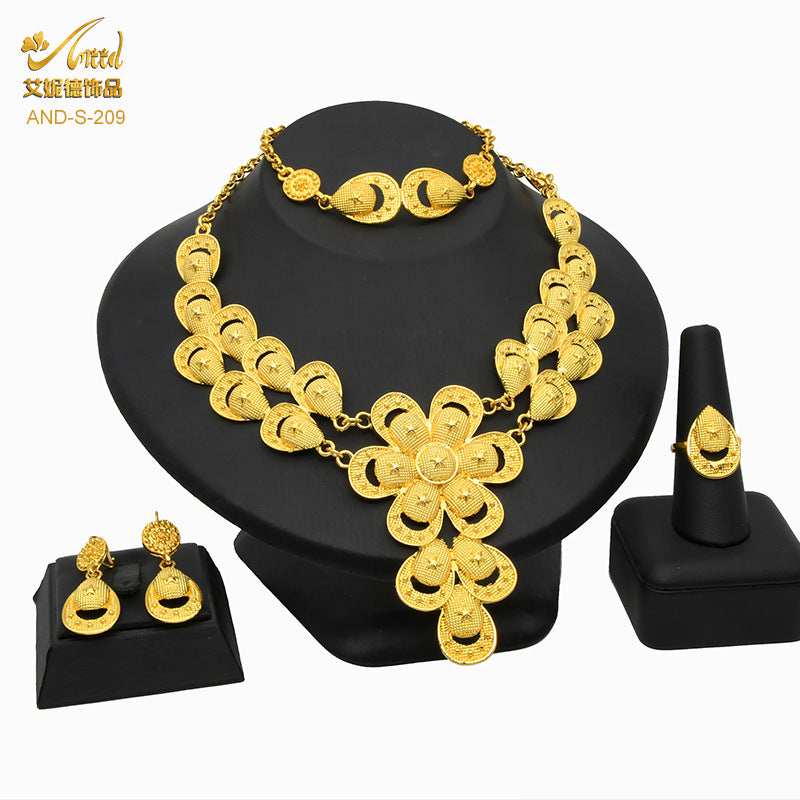 Renevo Nigeria Dubai 24K Gold Jewelry Suit Bridal Necklace Bracelet Earrings Four-Piece Ring Set