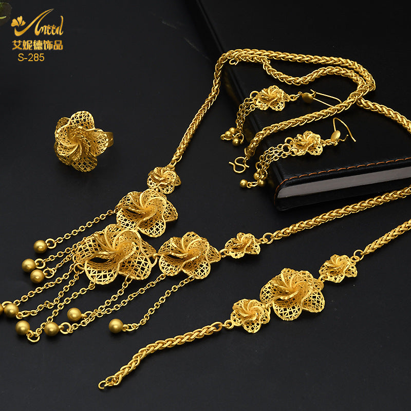 Renevo 2023 Dubai 24K Gold-Plated Flowers Hollow Jewelry Suit Necklace Earring Bracelet Ring Middle East Dubai Ornament