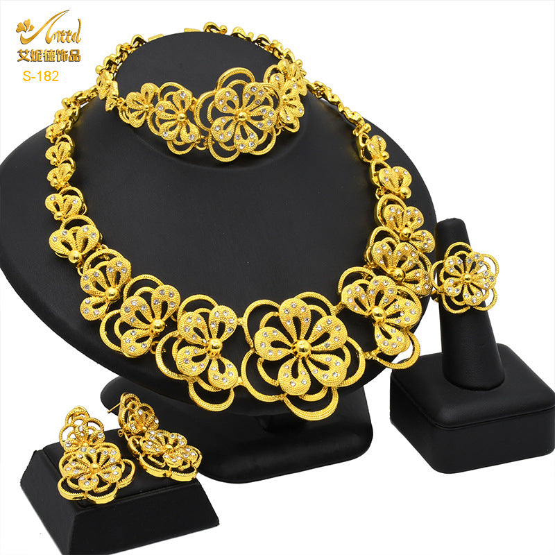 Renevo Hot Selling Four-Piece Set India Dubai Alluvial Gold Jewelry Necklace Bracelet Ring Earrings Bridal Wedding Big Jewelry