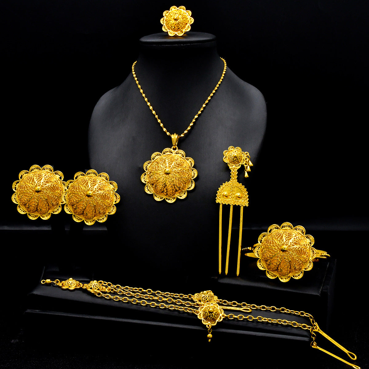 Renevo Dubai Bride 24K Ethiopia Necklace Ring Earrings Bracelet Hairpin Hairpin Six-Piece Set in Stock