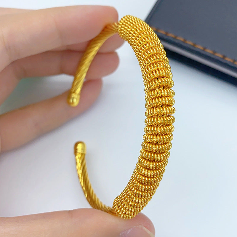 Renevo Fashion New Gold-Plated Twist Coil Open-Ended Bracelet Middle East Bride Wedding Women's Alluvial Gold Bracelet Hot Sale