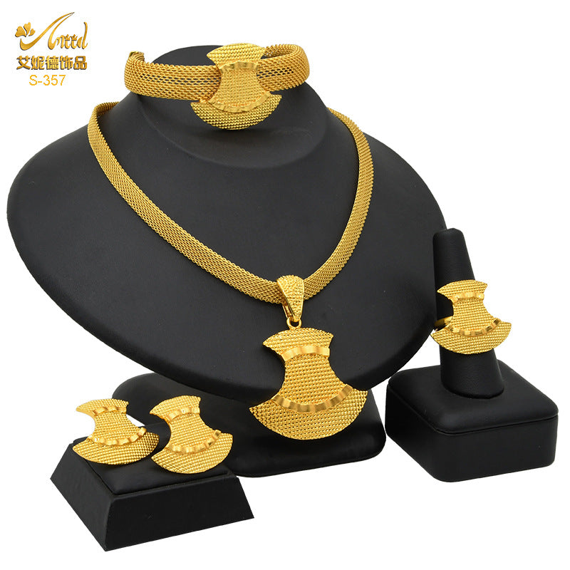 Renevo 24K Dubai Gold Accessories Bridal Necklace Bracelet Earrings Four-Piece Ring Set African Women's Jewelry Suit