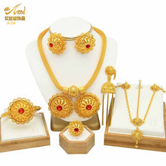 Renevo Hot-Selling Ornament Bridal Ruby Six-Piece Set Dubai Gold-Plated Necklace Earrings Bracelet Ring Headdress