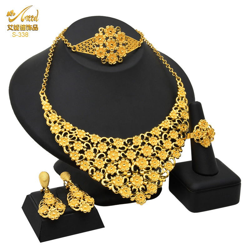 Renevo Nigeria Dubai 24K Gold Jewelry Suit Bridal Necklace Bracelet Earrings Four-Piece Ring Set