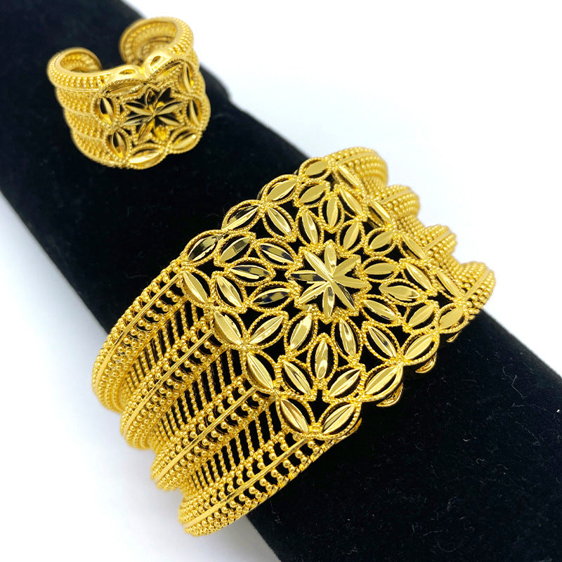 Renevo Middle East Alluvial Gold Bracelet Ring Two-Piece Suit African Dubai Wedding Bridal Hollow Bracelet Manufacturer