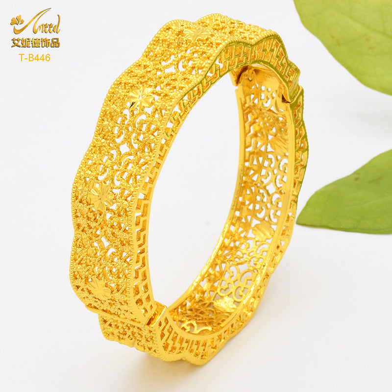 Renevo Hot Selling Women's Alluvial Gold Bracelet Bangles 24K Gold-Plated Hollow Carved Totem Bridal Bracelet