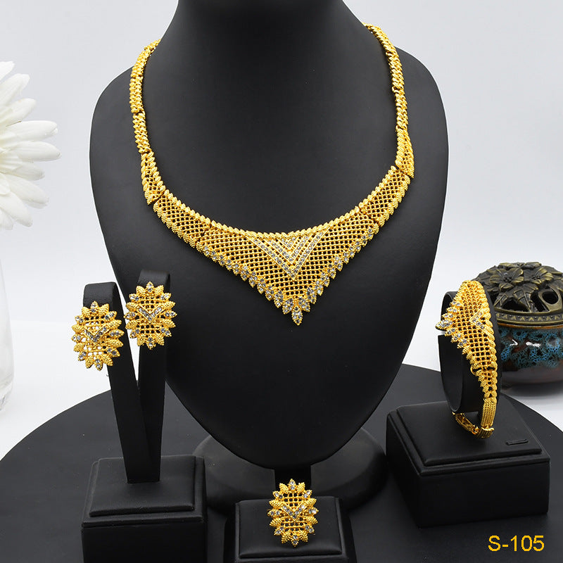 Renevo Hot Selling Four-Piece Set India Dubai Alluvial Gold Jewelry Necklace Bracelet Ring Earrings Bridal Wedding Big Jewelry