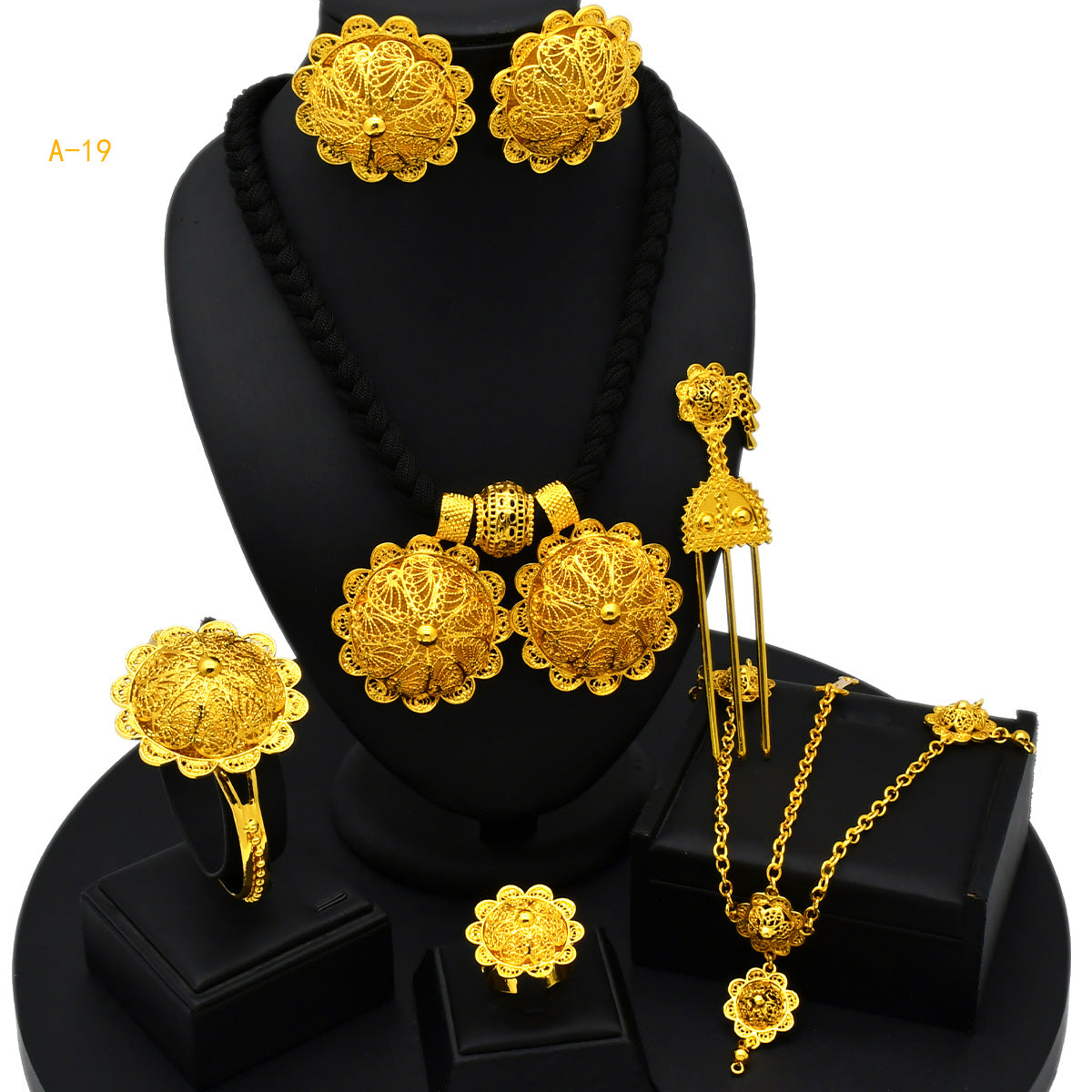 Renevo Hot-Selling Ornament Bridal Ruby Six-Piece Set Dubai Gold-Plated Necklace Earrings Bracelet Ring Headdress