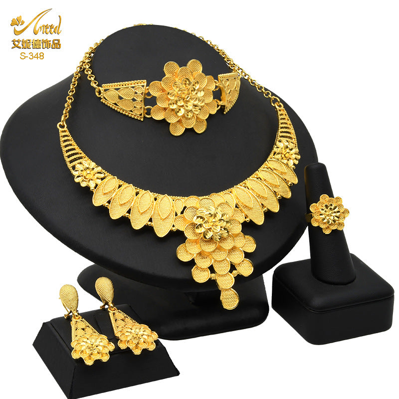 Renevo Nigeria Dubai 24K Gold Jewelry Suit Bridal Necklace Bracelet Earrings Four-Piece Ring Set