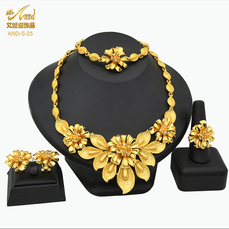 Renevo Dubai 24K Gold Accessories African Bridal Jewelry Suit Saudi Women Necklace Bracelet Earrings Four-Piece Ring Set