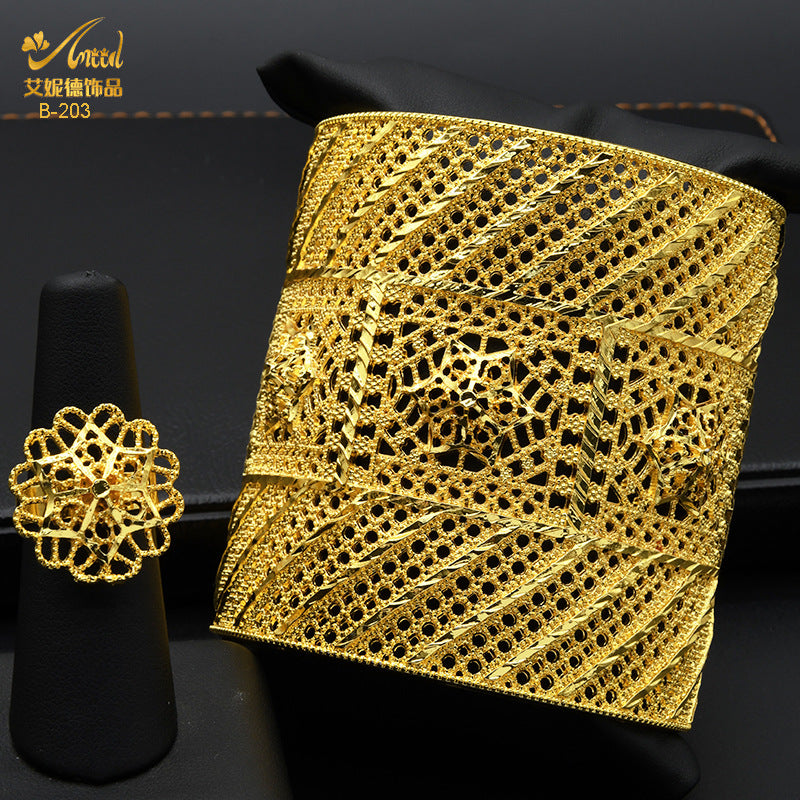 Renevo Open Copper Bracelet Ring Suit Dubai Hollow Carved Gold Plated Ornament Bridal Alluvial Gold Jewelry Manufacturer