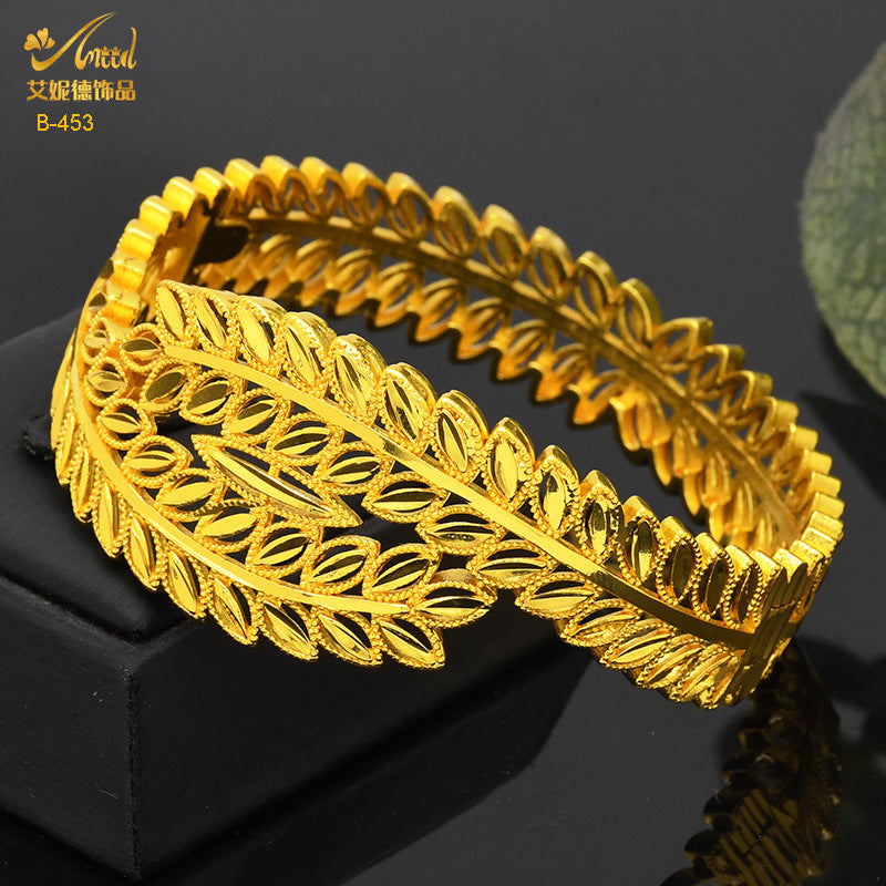 Renevo 24K Gold Plated Exquisite Open Big Copper Bracelet Dubai Women's Vintage Jewelry Ornament Alluvial Gold Bracelet