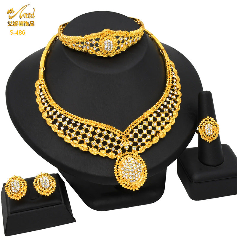 Renevo Dubai Middle East Jewelry Suit Rhinestone Necklace Suit Bracelet Ring Earrings Wedding Necklace Suit in Stock