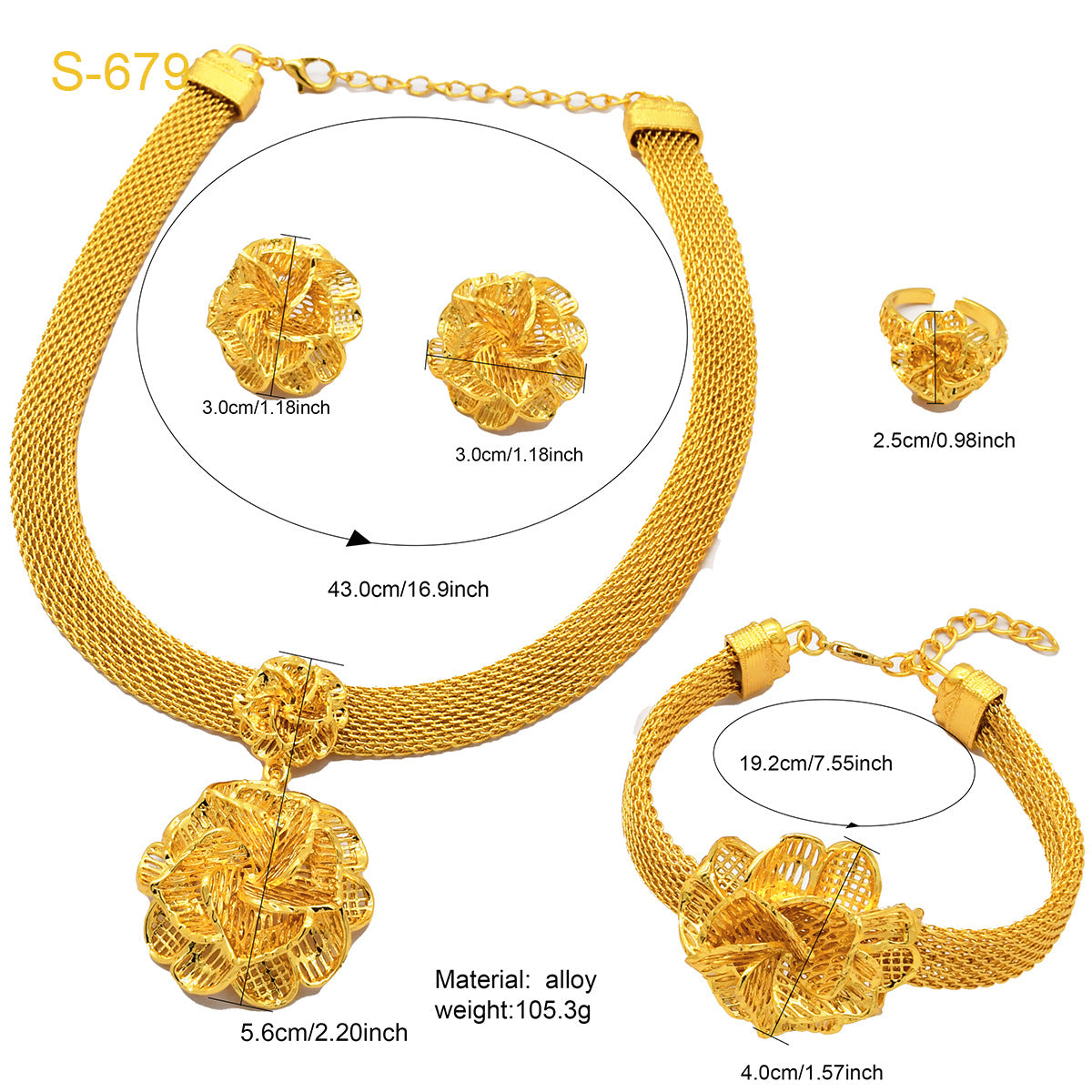 Renevo Hot Selling Dubai Gold Jewelry Middle East Women's Necklace Earring Ring Bracelet Not Easy to Fade Four-Piece Set in Stock