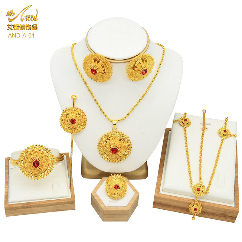 Renevo Dubai 24K Jewelry Suit Necklace Earring Ring Bracelet Hairpin Head Chain Six-Piece Set Seobia Women's