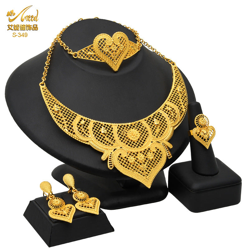 Renevo Nigeria Dubai 24K Gold Jewelry Suit Bridal Necklace Bracelet Earrings Four-Piece Ring Set