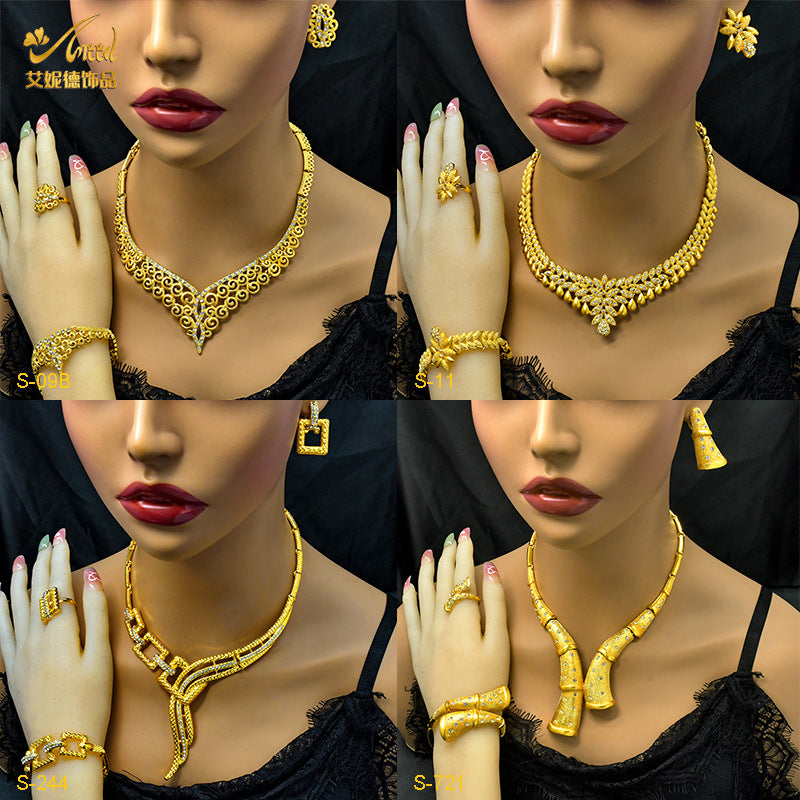 Renevo Dubai 24K Gold Plated Bride Necklace Ring Earring Bracelet Four-Piece Set Arab Women's Wedding Jewelry Suit