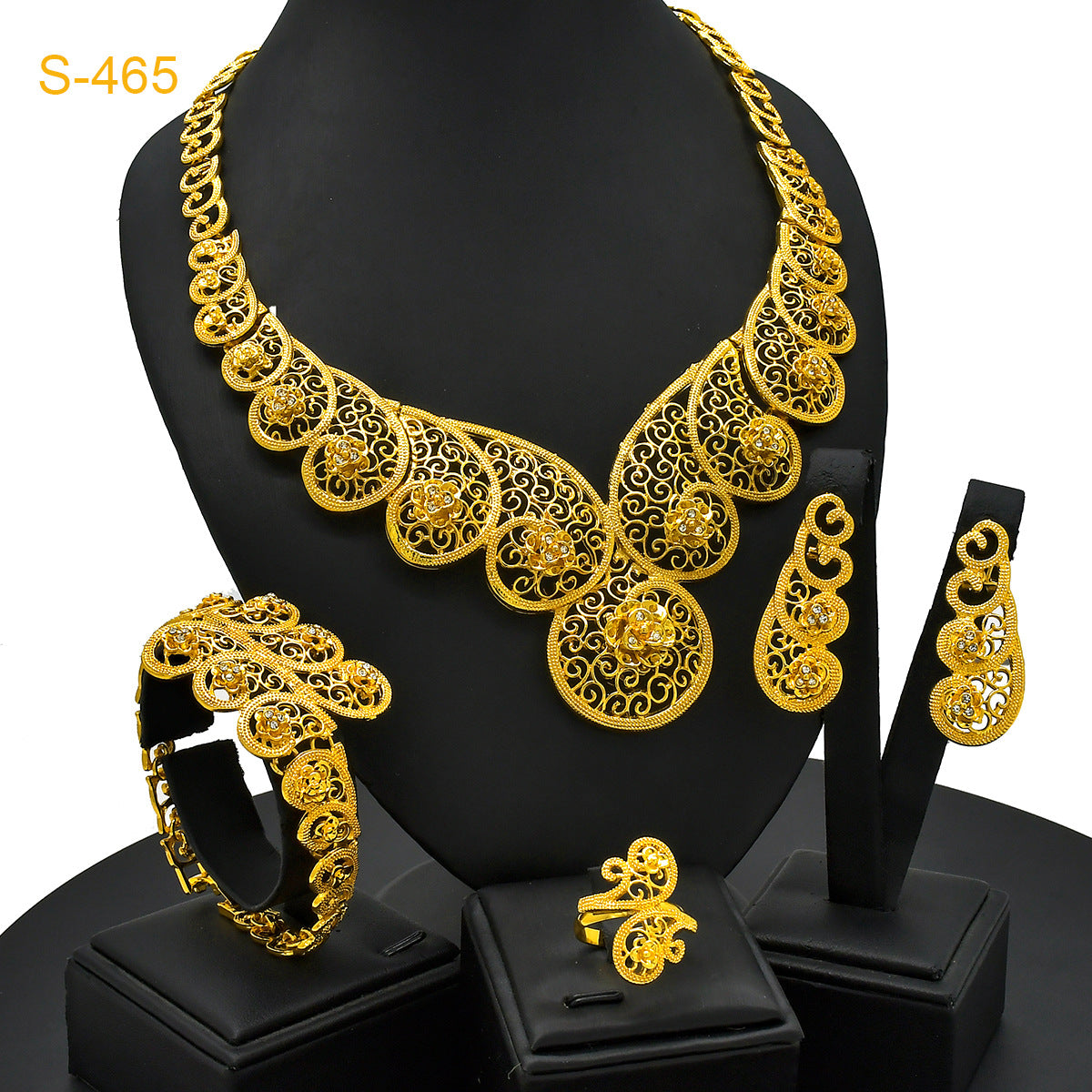 Renevo Middle East Supply Gold-Plated Diamond Bridal Ornament Four-Piece Set Necklace Earrings Bracelet Ring Jewelry Suit