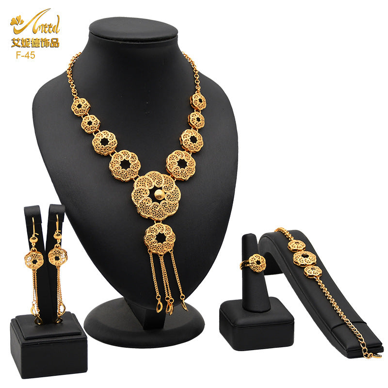 Renevo 2023 Hot Selling Dubai Copper-Plated Gold Long Necklace Earring Bracelet Ring Suit Jewelry Set Women's Jewelry