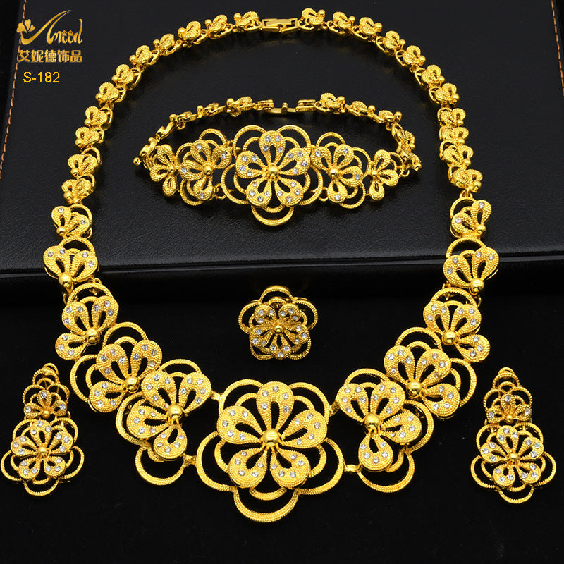 Renevo 24K Gold Dubai Hot Bridal Four-Piece Set Flower Jewelry African Alloy Necklace Bracelet Earrings Ring