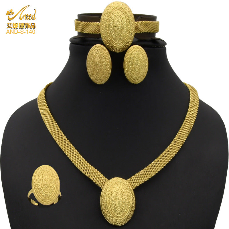 Renevo Dubai 24K Gold-Plated Jewelry Suit Indian Bridal Necklace Earring Ring Bracelet Alluvial Gold Jewelry