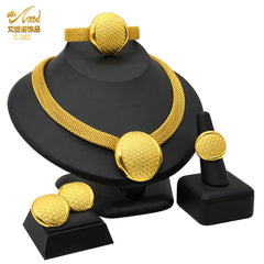 Renevo 24K Dubai Gold Accessories Bridal Necklace Bracelet Earrings Four-Piece Ring Set African Women's Jewelry Suit