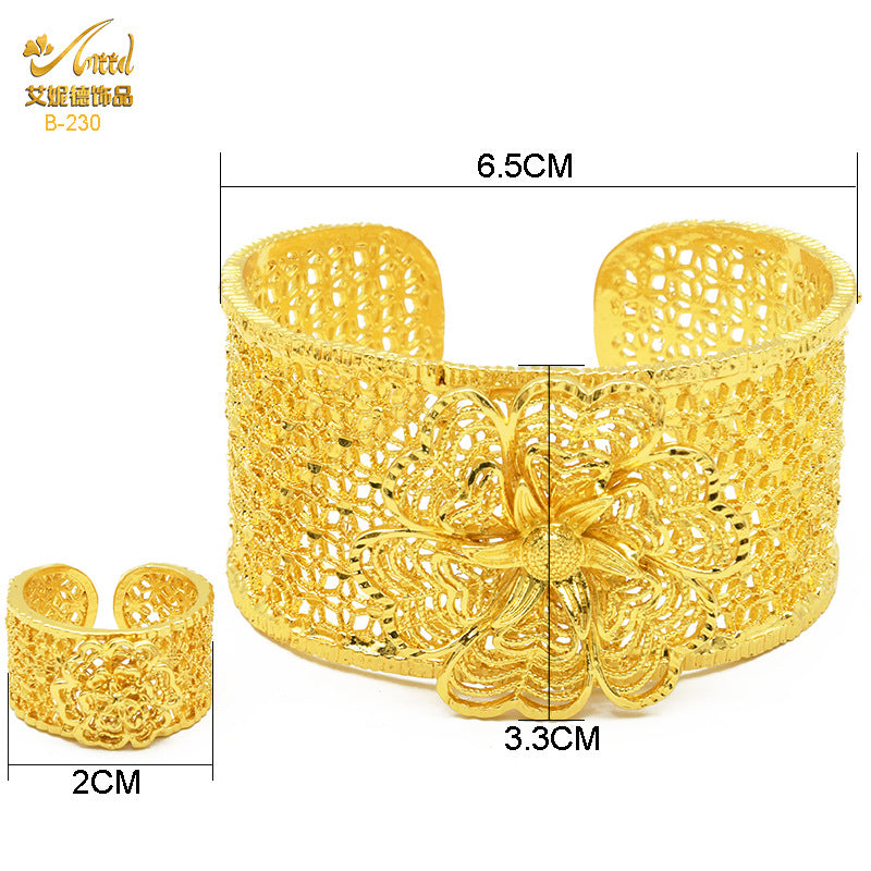 Renevo Hot Sale 24K Gold Plated Dubai Bridal Bracelet Ring Nigeria Women Alluvial Gold Bracelet Ring Ornament