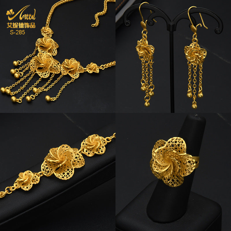 Renevo 2023 Dubai 24K Gold-Plated Flowers Hollow Jewelry Suit Necklace Earring Bracelet Ring Middle East Dubai Ornament