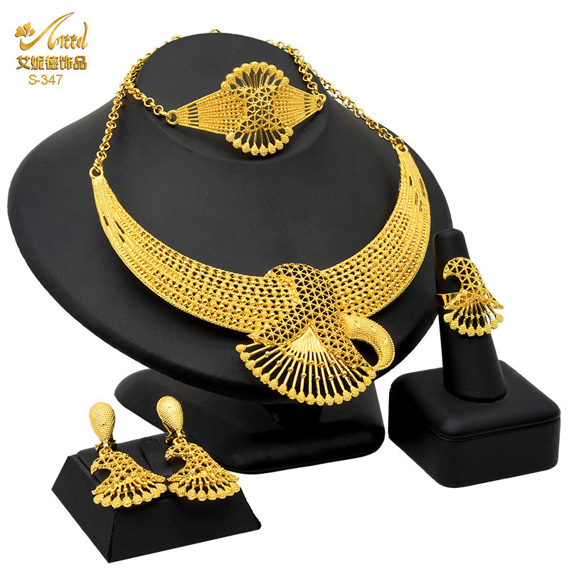 Renevo 24K Dubai Gold Accessories Bridal Necklace Bracelet Earrings Four-Piece Ring Set African Women's Jewelry Suit