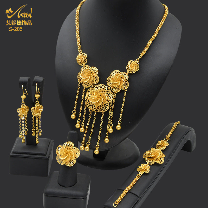 Renevo 2023 Dubai 24K Gold-Plated Flowers Hollow Jewelry Suit Necklace Earring Bracelet Ring Middle East Dubai Ornament