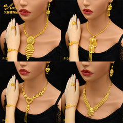 Renevo 2023 Hot Selling Dubai Copper-Plated Gold Long Necklace Earring Bracelet Ring Suit Jewelry Set Women's Jewelry