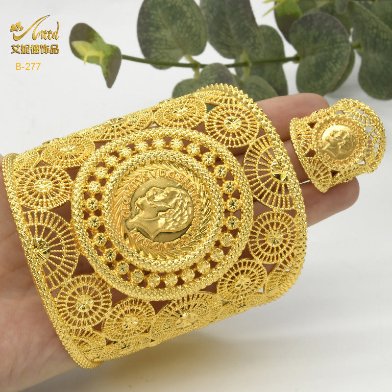 Renevo 24K Gold-Plated Flowers Bracelet & Ring Set Ethnic Style Hollow Copper Bead Bracelet Ring Long Lasting and Does Not Fade