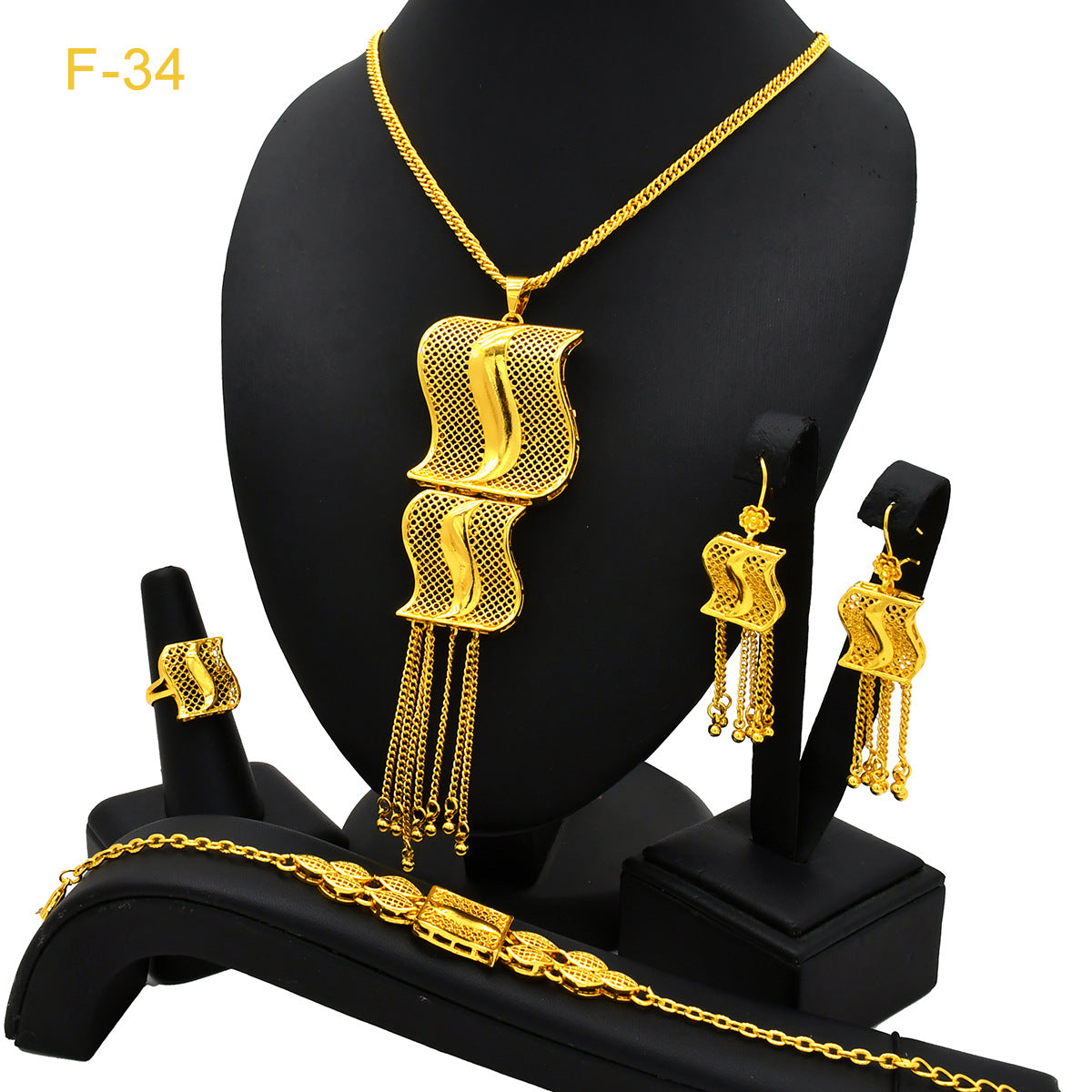 Renevo 2023 Hot Selling Dubai Copper-Plated Gold Long Necklace Earring Bracelet Ring Suit Jewelry Set Women's Jewelry