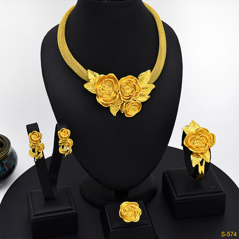 Renevo 24K Dubai Gold Jewelry Suit African Popular Jewelry Earrings Four-Piece Set Factory in Stock