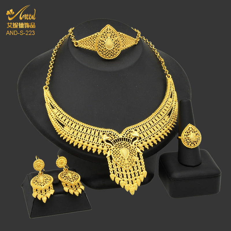 Renevo 24K Gold Plated Arabic Women's Bridal Necklace Earring Ring Bracelet Indian Women's Jewelry Suit in Stock