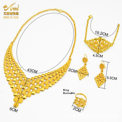 Renevo Nigeria Dubai 24K Gold Jewelry Suit Bridal Necklace Bracelet Earrings Four-Piece Ring Set