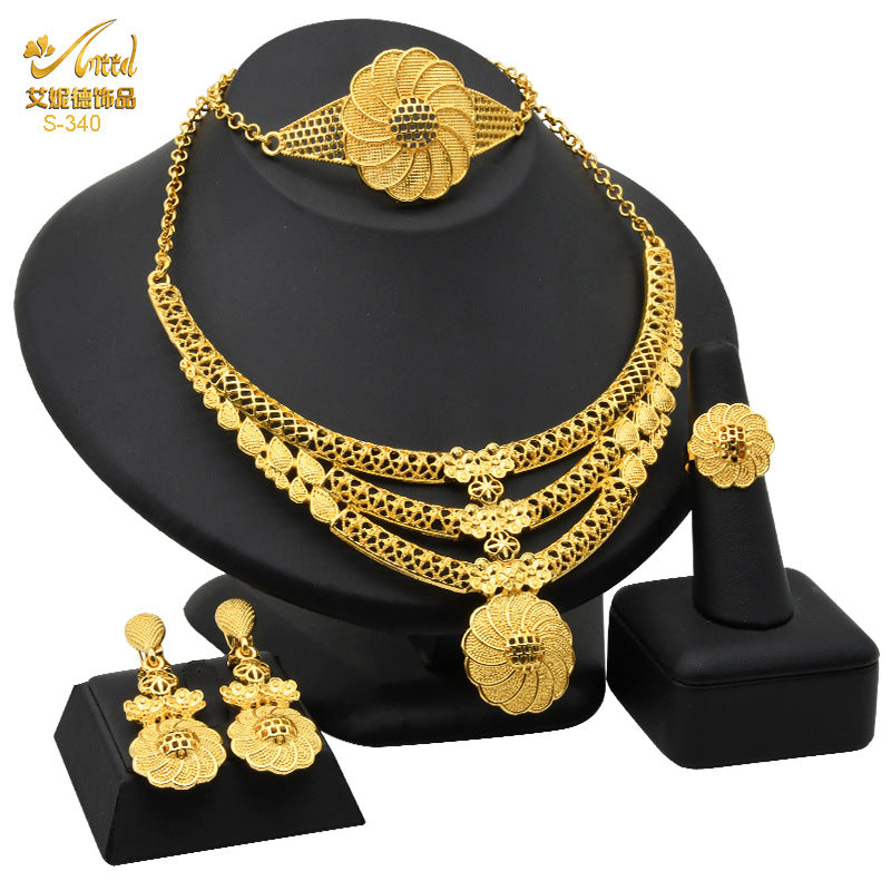 Renevo 24K Dubai Gold Accessories Bridal Necklace Bracelet Earrings Four-Piece Ring Set African Women's Jewelry Suit