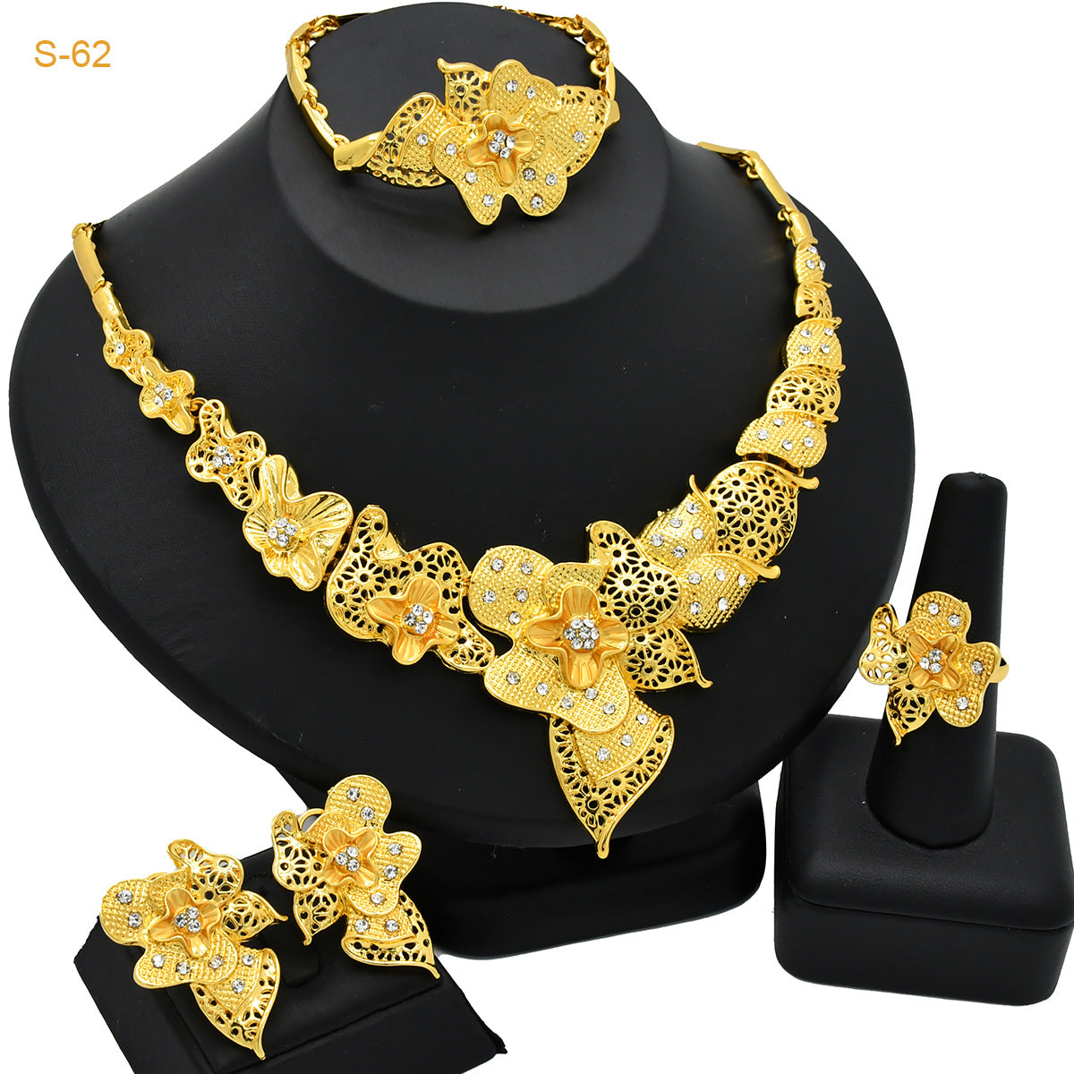 Renevo Hot Selling Four-Piece Set India Dubai Alluvial Gold Jewelry Necklace Bracelet Ring Earrings Bridal Wedding Big Jewelry