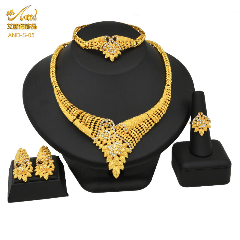 Renevo Dubai 24K Gold Accessories African Bridal Jewelry Suit Saudi Women Necklace Bracelet Earrings Four-Piece Ring Set