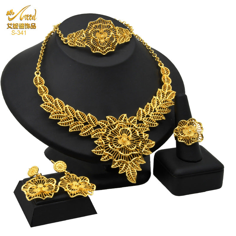 Renevo 24K Dubai Gold Accessories Bridal Necklace Bracelet Earrings Four-Piece Ring Set African Women's Jewelry Suit