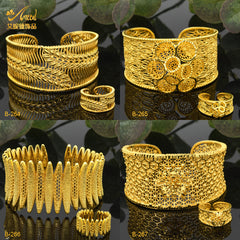 Renevo Gold-Plated Open Copper Bracelet Suit National Wind Sand Gold Accessories Wedding Bride Bracelet & Ring Set Suit