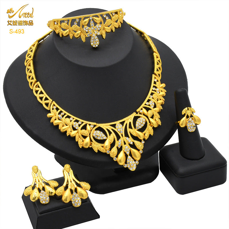 Renevo Middle East Supply Gold-Plated Diamond Bridal Ornament Four-Piece Set Necklace Earrings Bracelet Ring Jewelry Suit