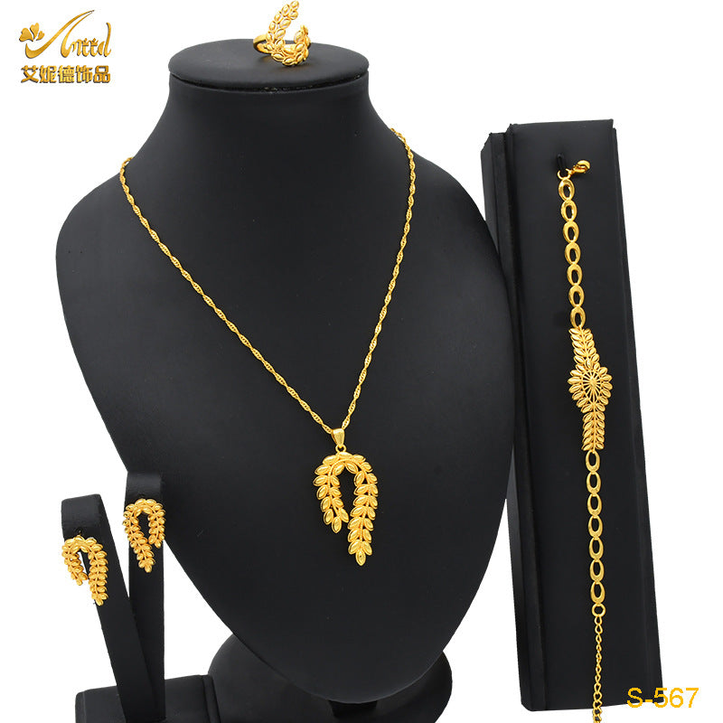 Renevo 2023 Dubai 24K Gold-Plated Flowers Hollow Jewelry Suit Necklace Earring Bracelet Ring Middle East Dubai Ornament